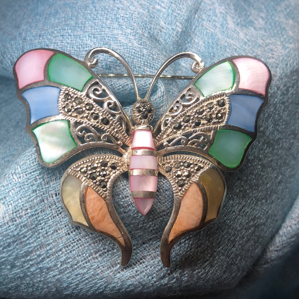 Sterling Silver, Marcasite, & Mother of Pearl Butterfly Pin/Pendant
